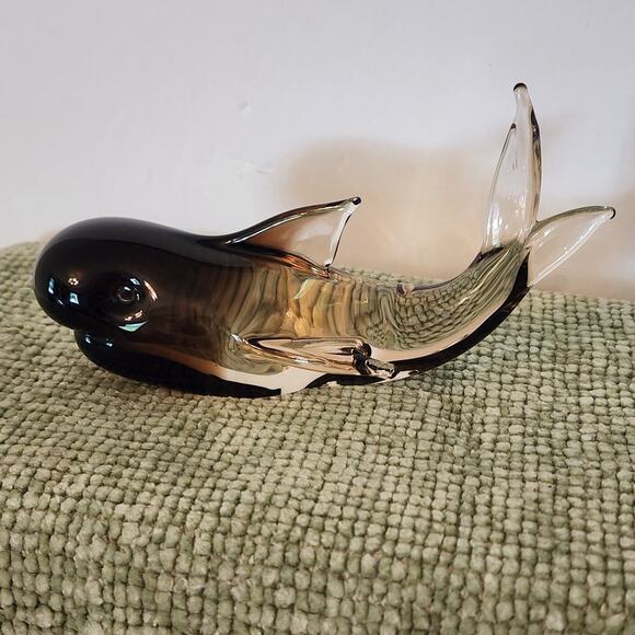 Vintage Murano Style Art Glass Whale Figurine Smoky Amber Clear 6" MCM Decor - Picture 1 of 8